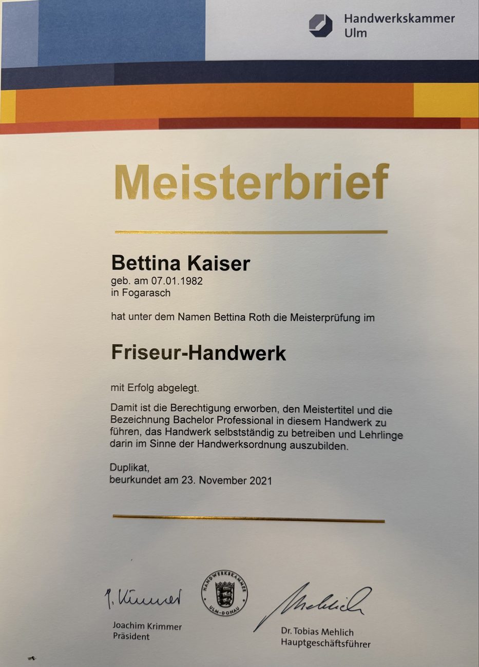 Meisterbrief Bettina Kaiser